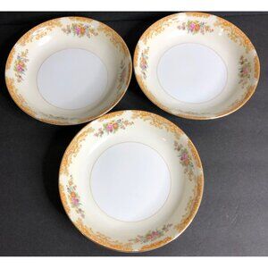 Noritake Morimura M Mark Soup Bowls Gold Edge Roses Flowers 1930s Set of 3